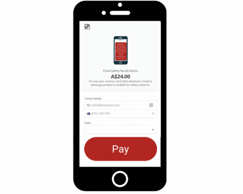 Phone displaying the signup page for Recall Alerts